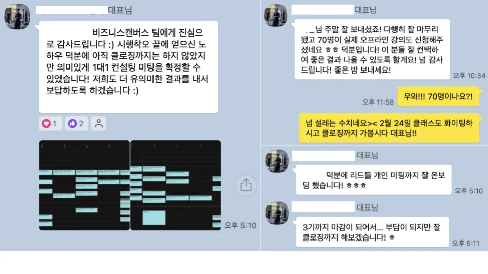 머스트무브 주상화 대표님께서 리캐치 도입 이후 공유해주신 생생한 후기입니다. "비즈니스캔버스 팀께 진심으로 감사드립니다 :) 시행착오 끝에 얻으신 노하우 덕분에 아직 클로징 하지 않았지만 의미있게 1:1 컨설팅 미팅을 확정할 수 있었습니다! 저희도 더 유의미한 결과를 내서 보답하도록 하겠습니다 :)"