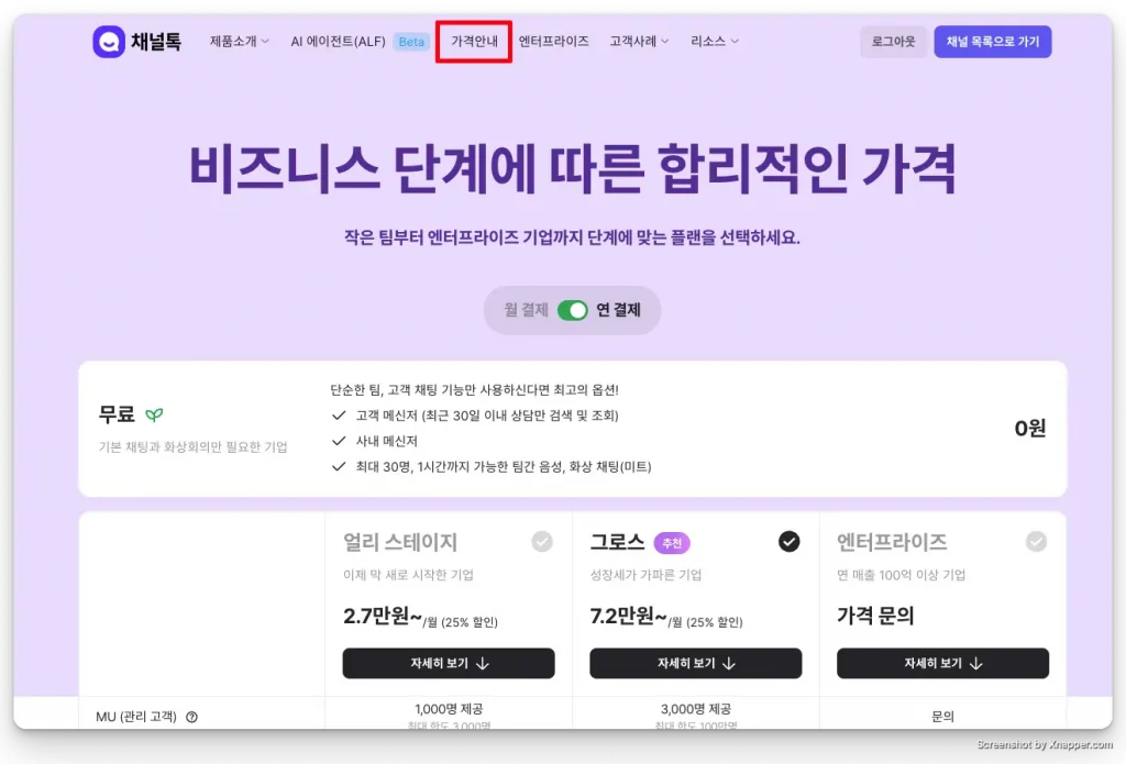 홈페이지 제작할 때 정보 전달력을 강화하기 위한 대표적인 페이지인 '가격 안내' 페이지 사례입니다. 가장 서비스에 대한 관심이 많은 사람들이 방문하는 중요한 페이지입니다.