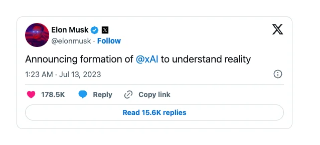 2023년 7월 13일 일론 머스크의 X 포스팅으로 xAI가 설립되었음을 알리고 있다.