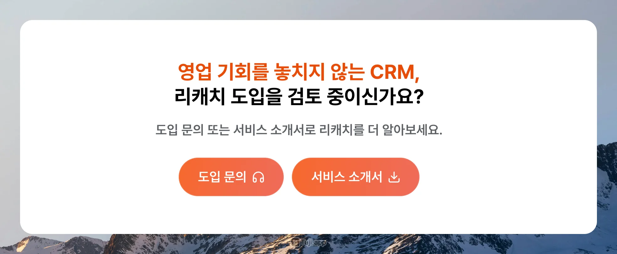 실제 리캐치 웹사이트에 설치된 푸터예시입니다. "영업 기회를 놓치지 않는 CRM 리캐치 도입을 검토 중이신가요? 도입 문의 또는 서비스 소개서로 리캐치를 더 알아보세요."라고 기재되어 있으며, 도입 문의와 서비스 소개서 웹 폼 버튼이 설치되어 있습니다.