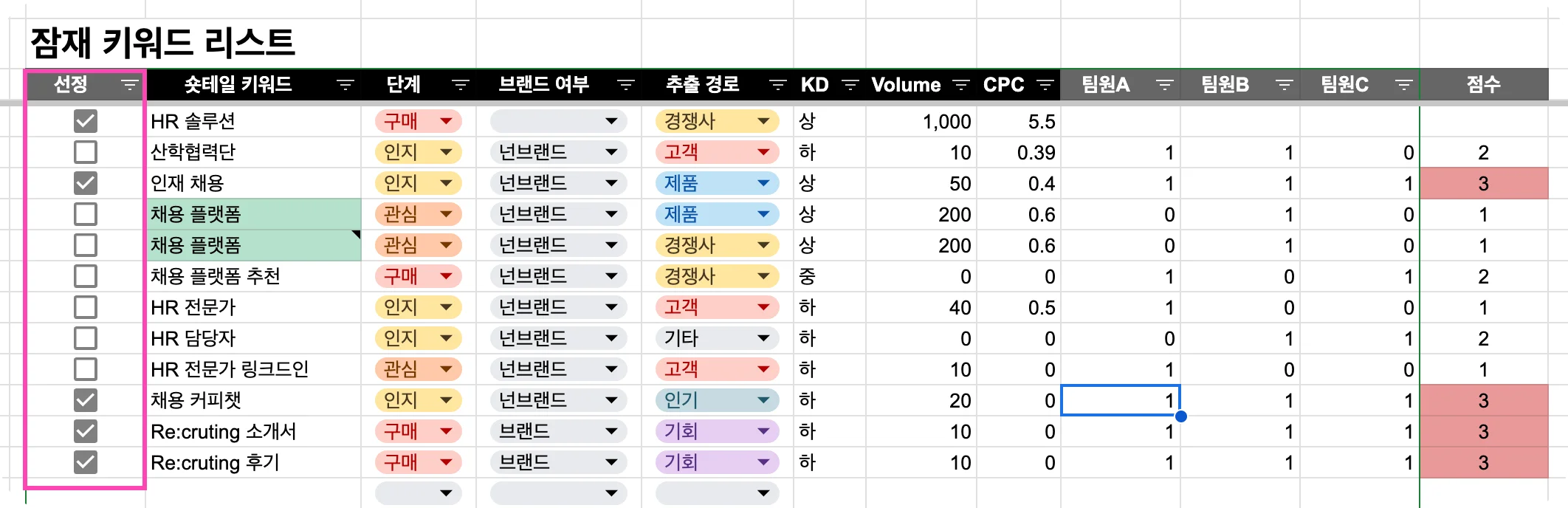 잠재 키워드 중 실제로 활용할 타겟 키워드를 선정하고 체크하고 있는 모습입니다.