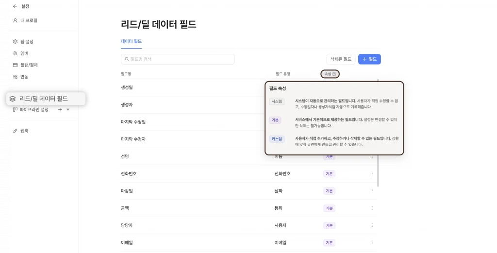 리캐치를 활용한 CRM 필드 설정 방법입니다. 필드는 시스템, 기본, 커스텀 세 가지 종류로 설정 가능합니다.